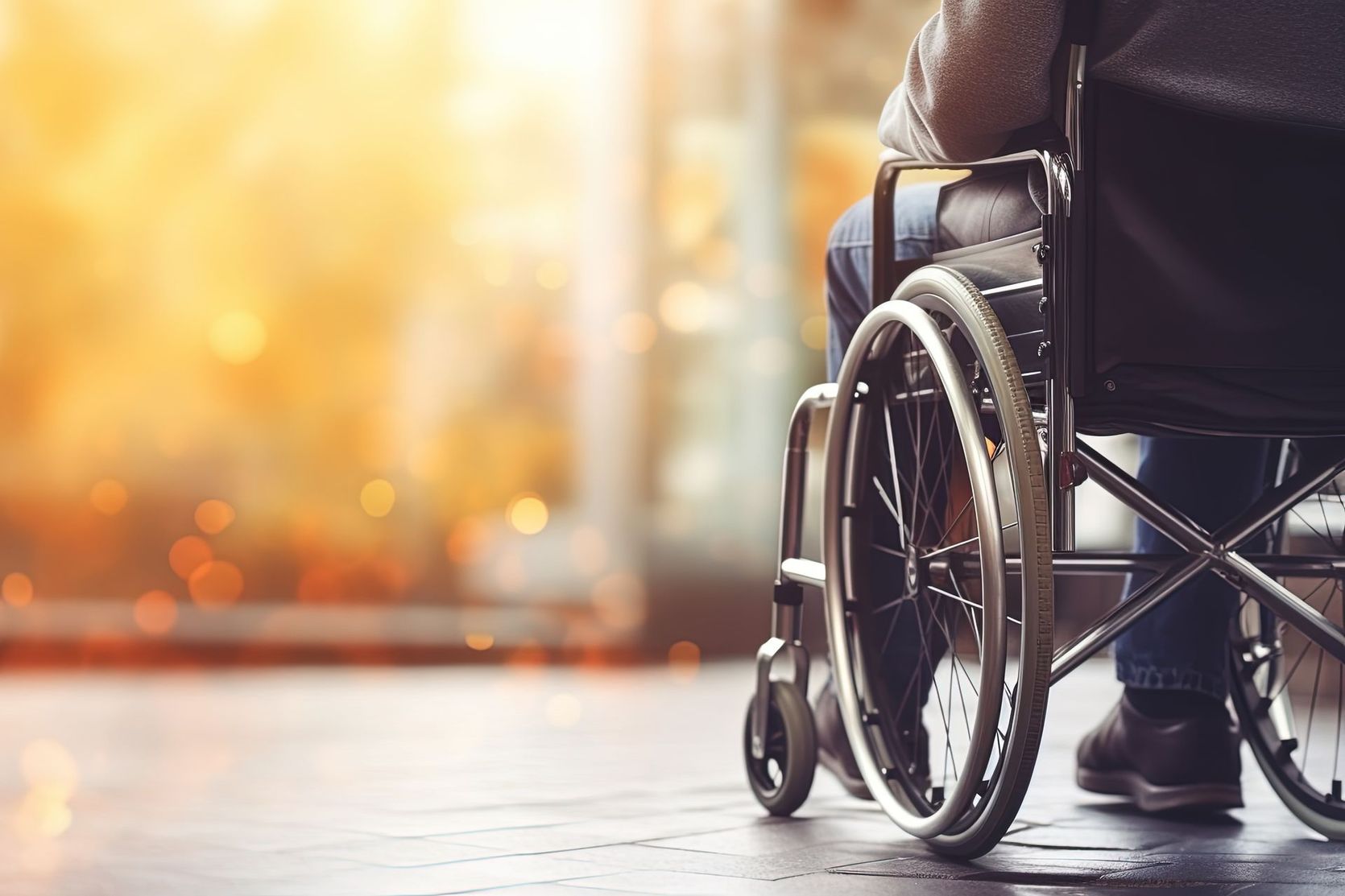 Personne en fauteuil roulant près d'une fenêtre ensoleillée sur fond flou aux tons chauds.