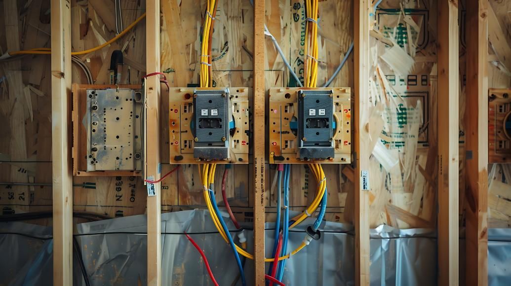 Cajas eléctricas montadas sobre montantes de madera sin terminar; cableado visible.