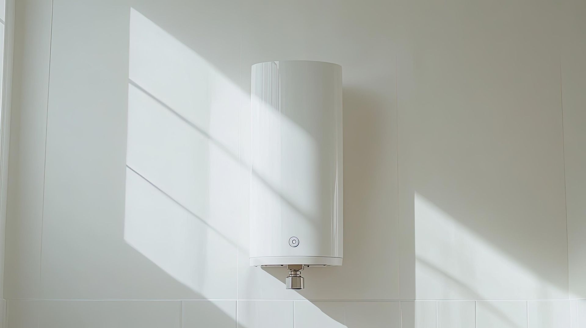 Calentador de agua blanco montado en una pared blanca; la luz del sol proyecta sombras.