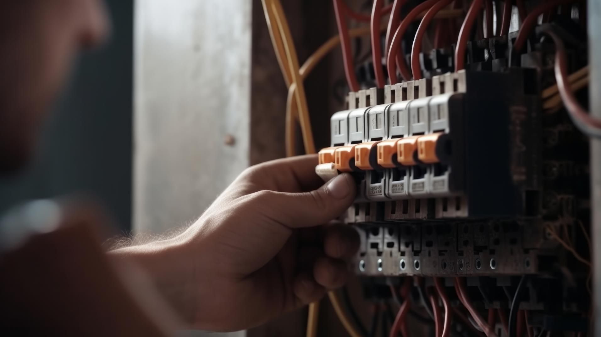 Mano de una persona ajustando fusibles eléctricos dentro de un panel eléctrico de madera.