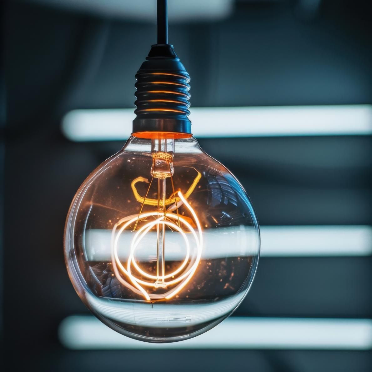 Bombilla redonda y transparente con filamento visible que brilla en color naranja, colgando de un cable oscuro.