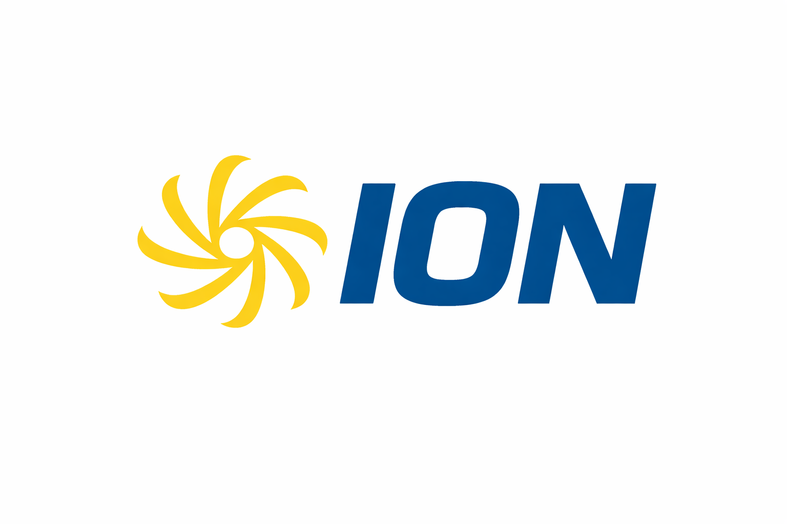 Logotipo de ION con dise&ntilde;o de espiral amarilla y texto azul.