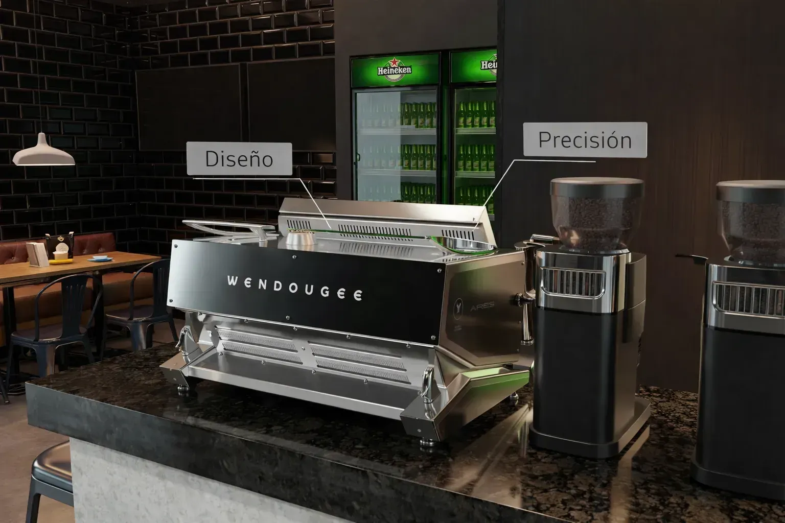 Máquina de café con molinillos en una barra, una nevera con bebidas al fondo.