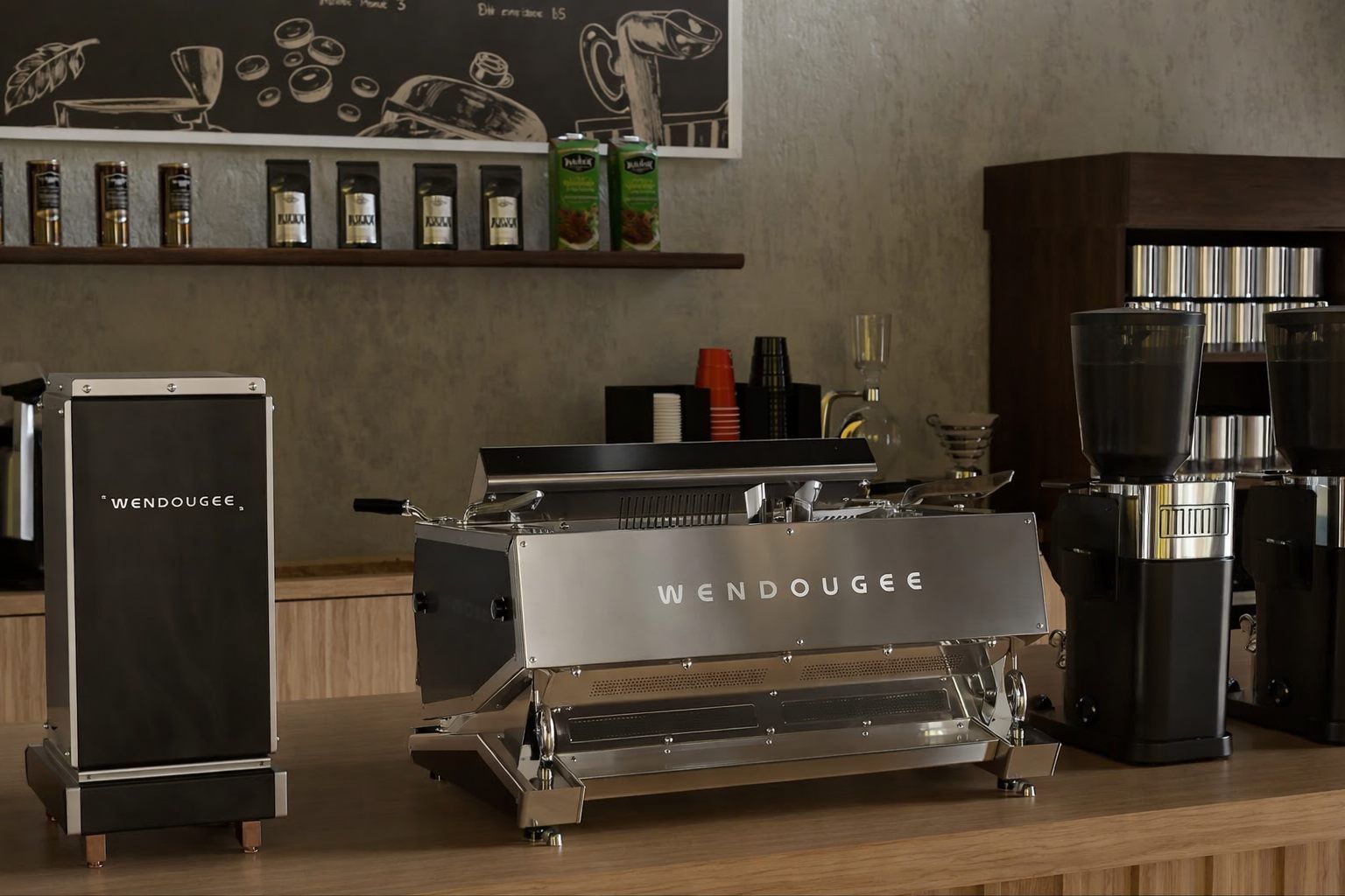 Una cafetería equipada con una máquina de café expreso, molinillos y componentes etiquetados.