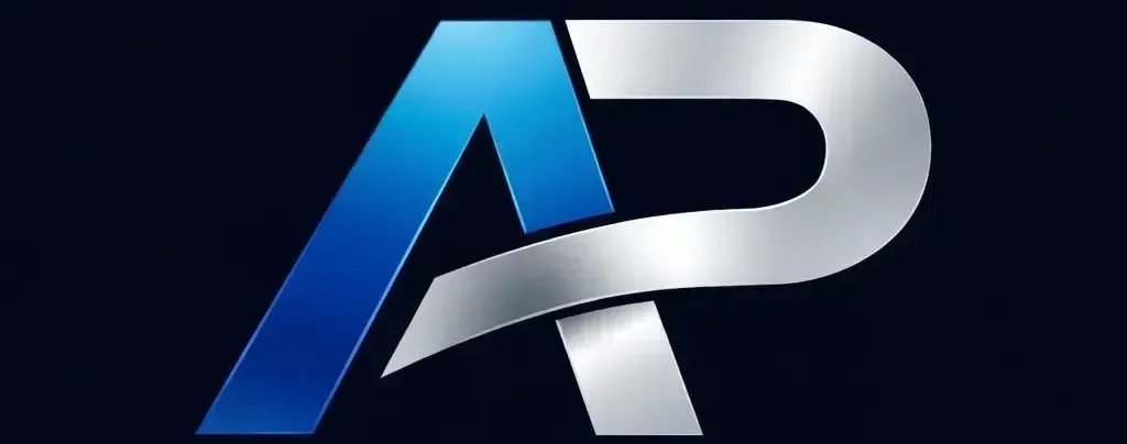 Una "A" azul superpuesta a una "P" plateada sobre un fondo azul oscuro.