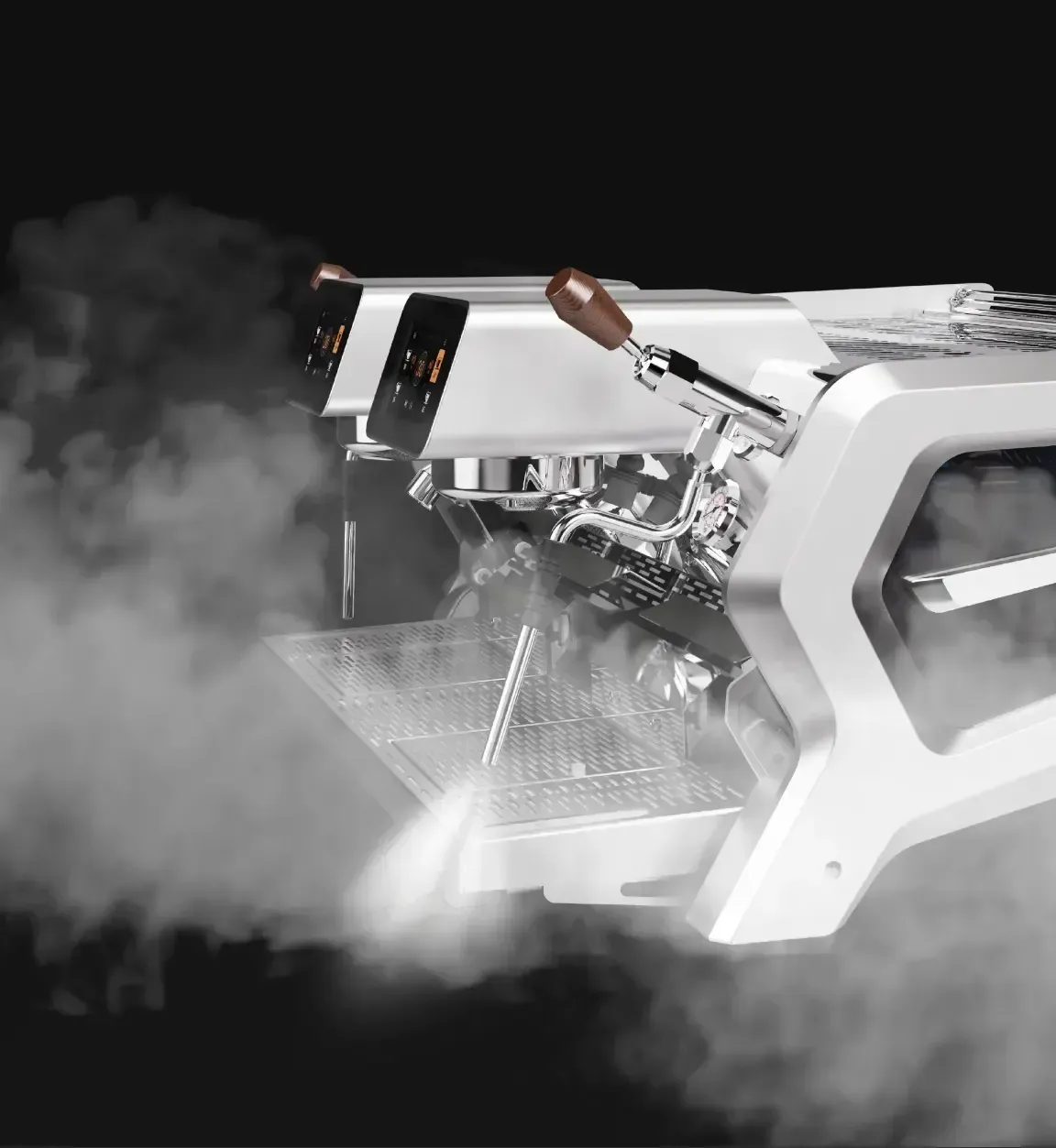 M&aacute;quina cafetera Dmantis en blanca echando vapor