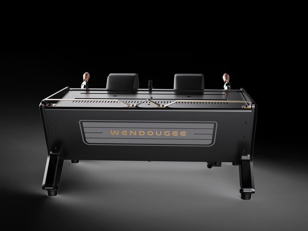 Máquina de café expreso negra, logotipo 