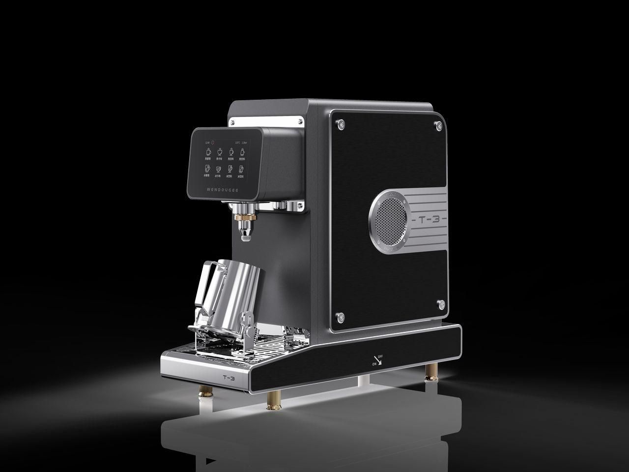 Máquina de café expreso, de color negro y plata, con panel de control digital y varilla espumadora, sobre fondo negro.