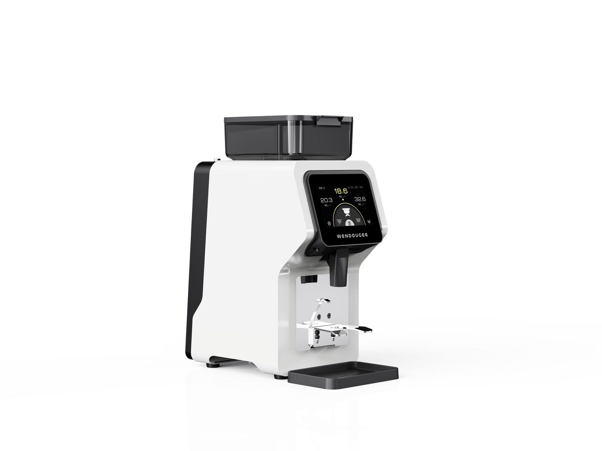 Máquina de café expreso blanca y negra con pantalla táctil y molinillo en la parte superior.