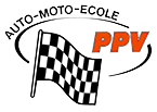 Logo d&rsquo;auto-&eacute;cole avec un drapeau &agrave; damier et le texte orange PPV