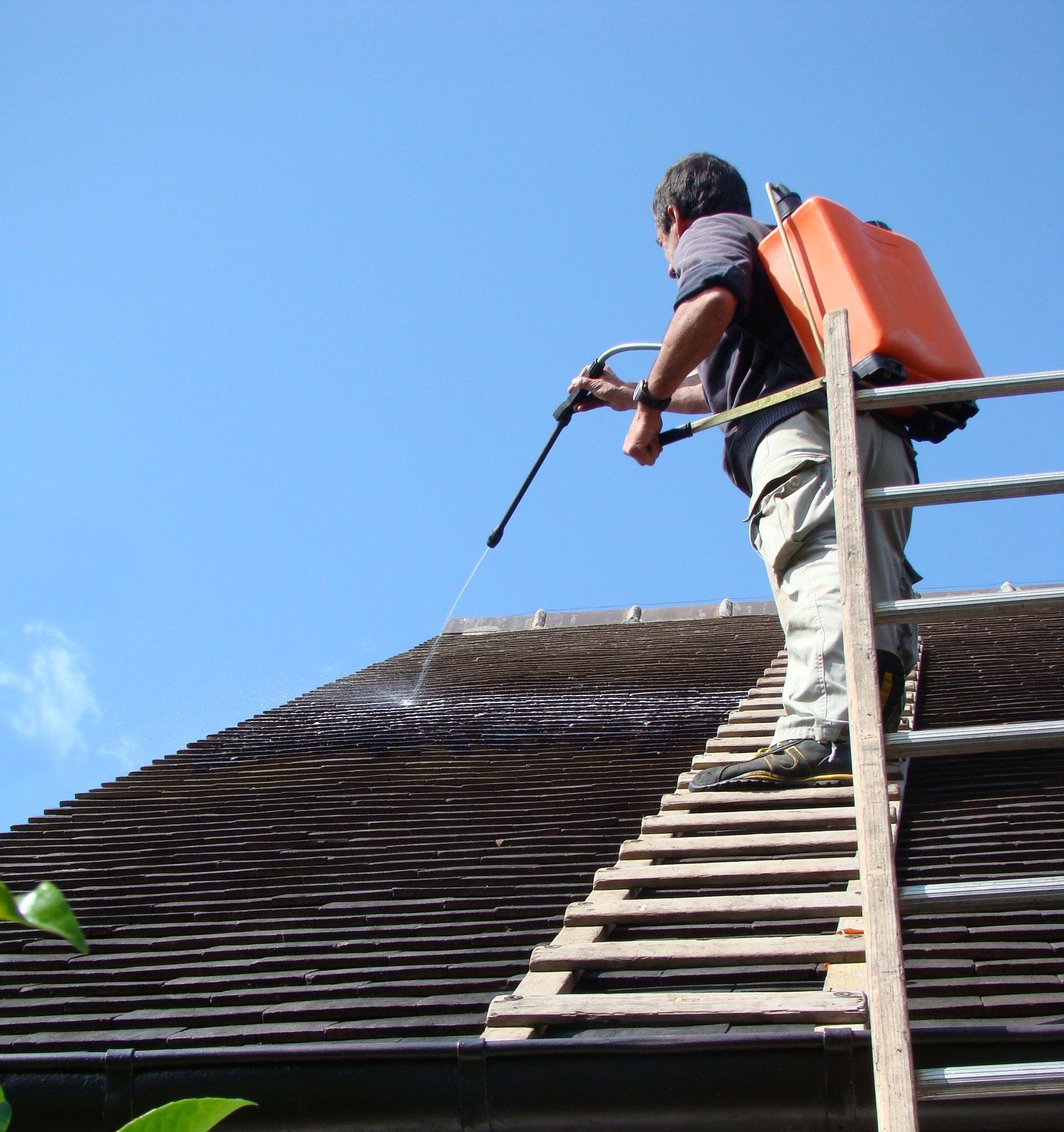 Un homme pulvérise un toit du haut d'une échelle avec un pulvérisateur à dos sous un ciel bleu.