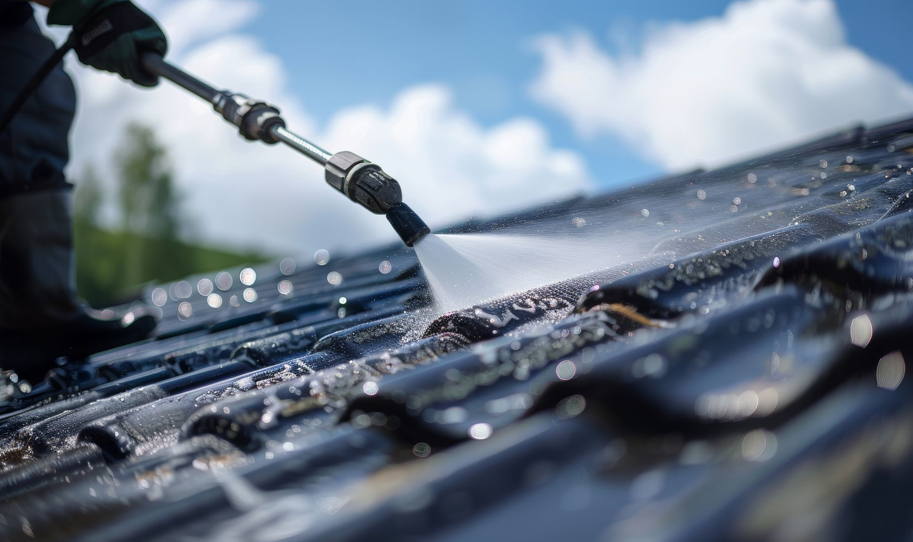 Une personne nettoie à haute pression un toit de tuiles foncées, enlevant la saleté grâce à un jet d'eau à haute pression.