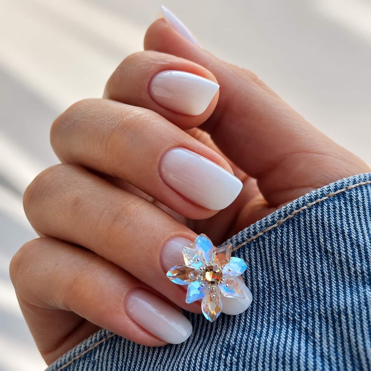 Primer plano de una mano con las uñas pintadas de blanco y un anillo con una flor adornada con joyas sobre tela vaquera