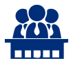 Icono azul de tres personas detrás de un podio, que sugiere una presentación grupal o una mesa redonda.