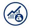 Icono circular azul de finanzas con un gráfico ascendente y un símbolo de bolsa de dinero.