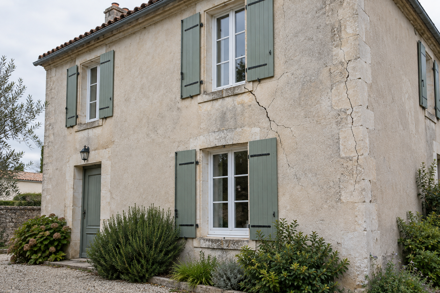 Des ouvriers du bâtiment travaillent sur des échafaudages à côté d'un bâtiment en béton en rénovation.
