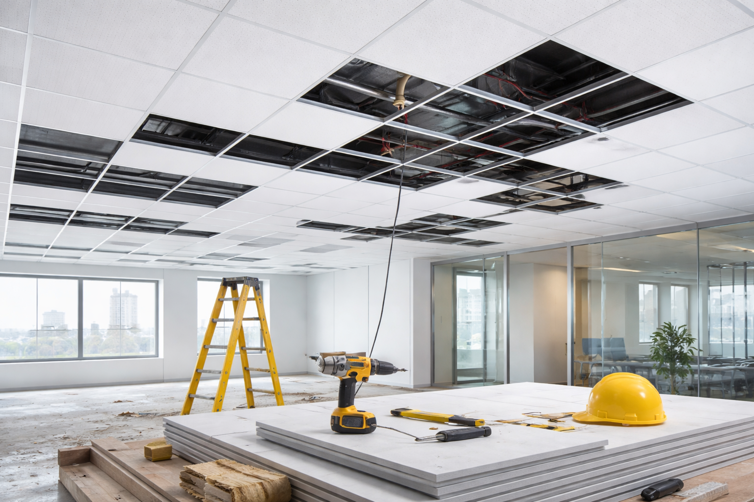 Des outils de construction, une échelle et un casque de chantier dans un espace de bureaux en rénovation.