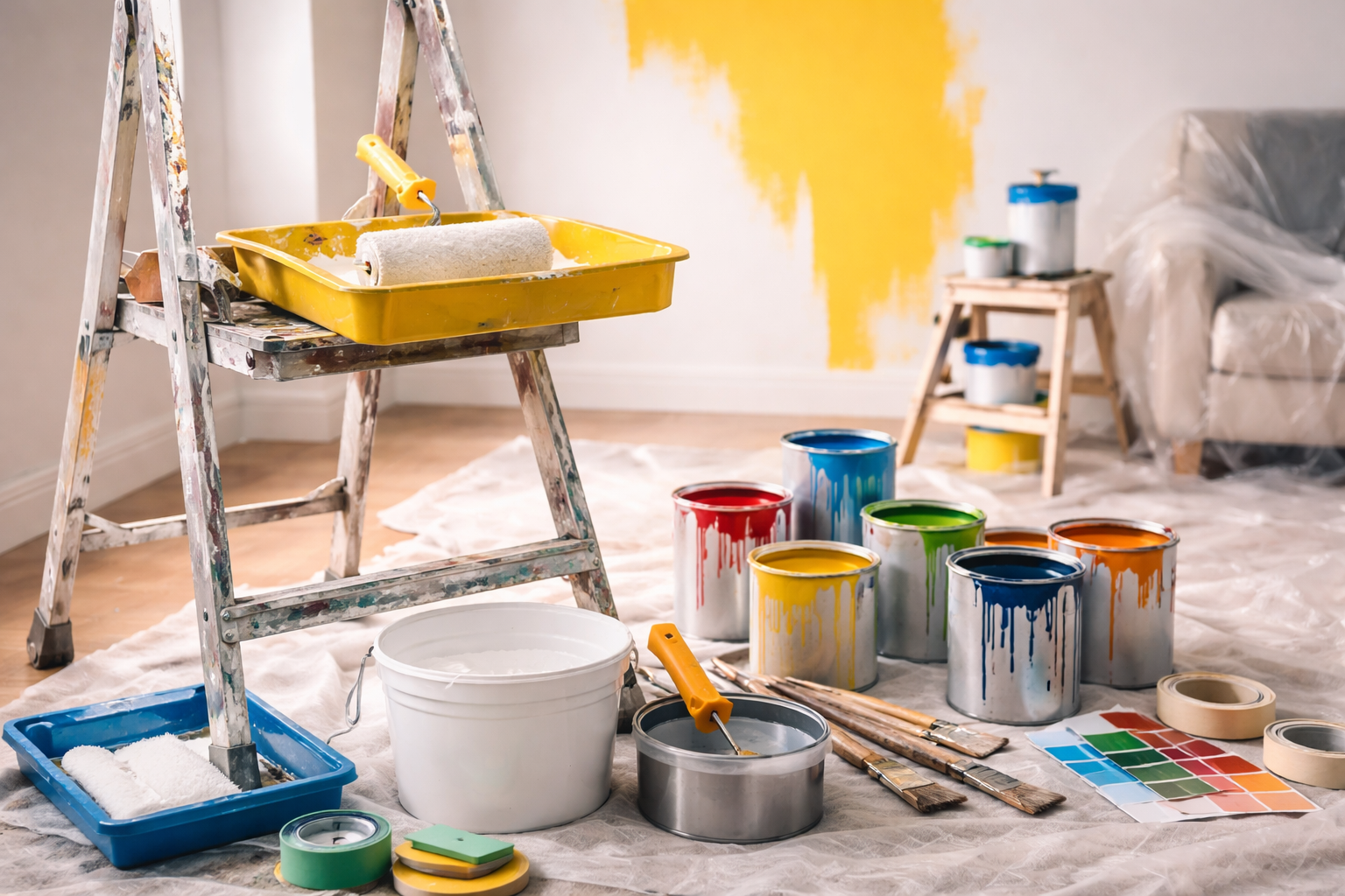 Des outils de construction, une échelle et un casque de chantier dans un espace de bureaux en rénovation.