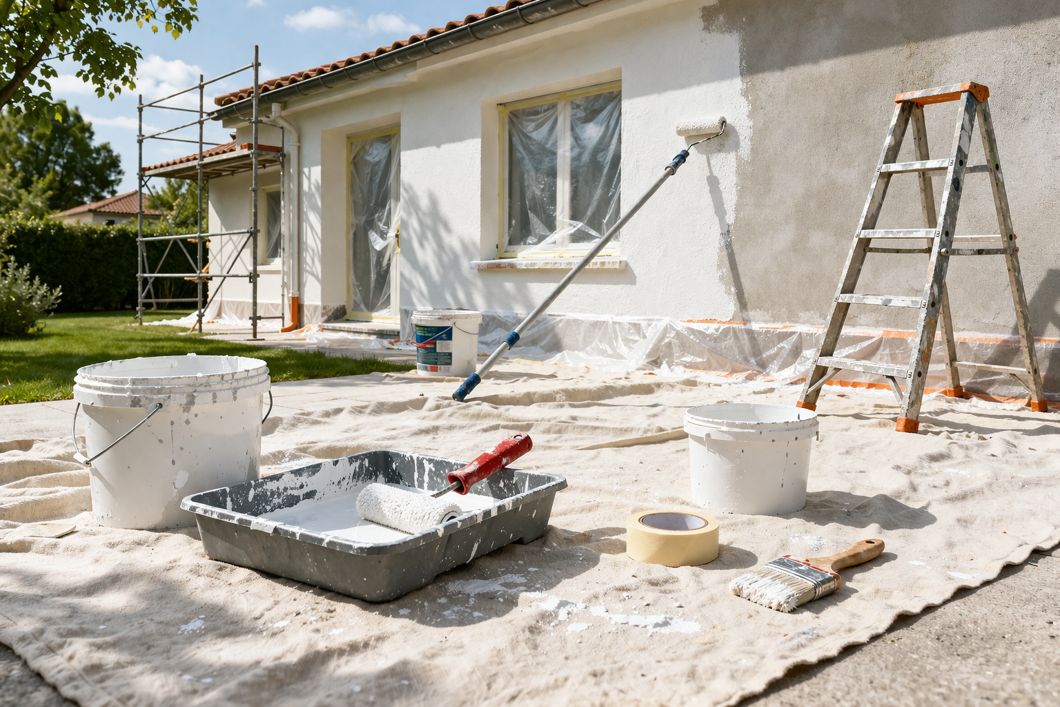 Des outils de construction, une échelle et un casque de chantier dans un espace de bureaux en rénovation.