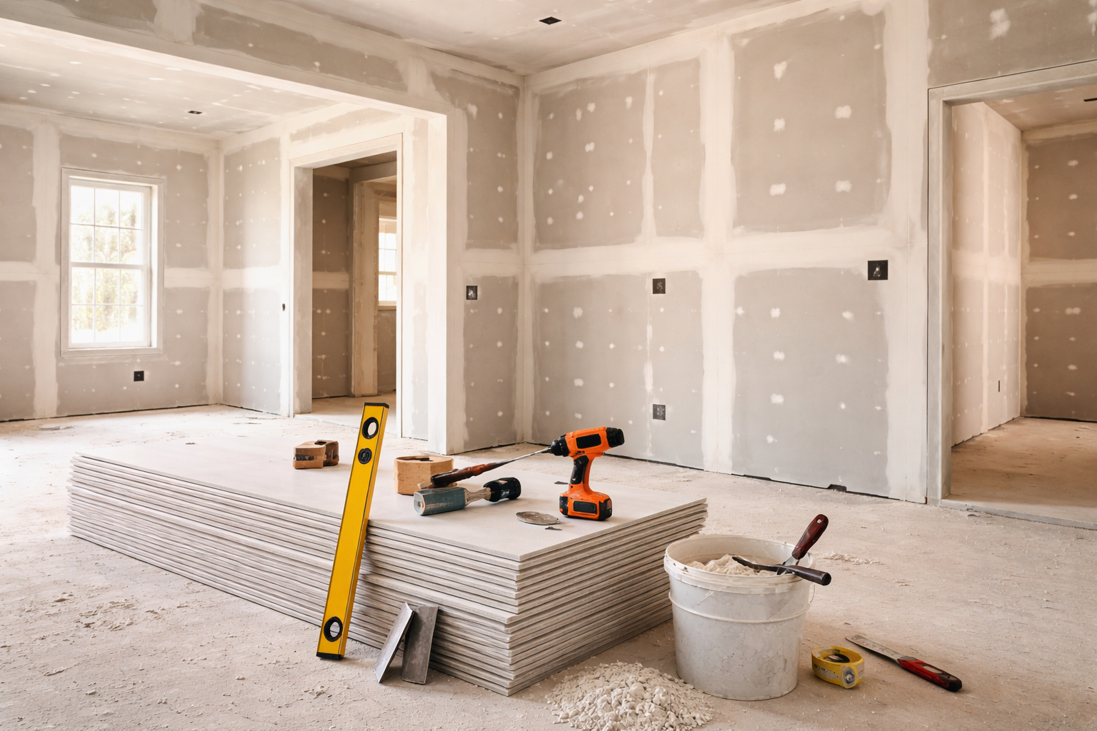 Des outils de construction, une échelle et un casque de chantier dans un espace de bureaux en rénovation.