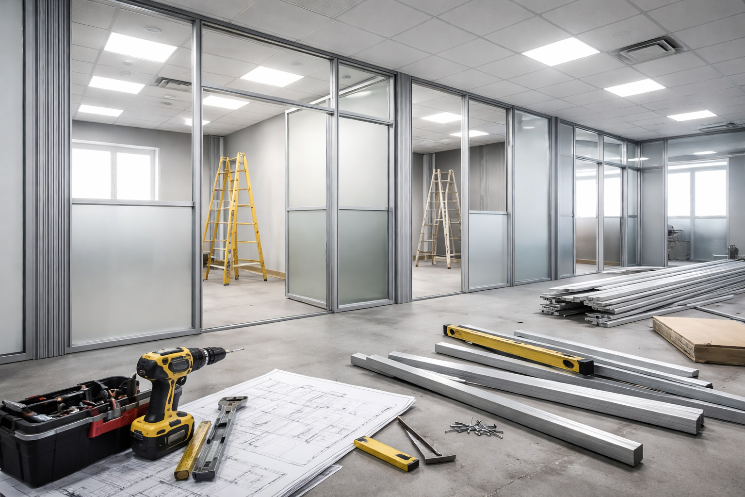 Matériaux de construction, outils et plans éparpillés sur le sol en béton d'un espace de bureaux moderne en rénovation.