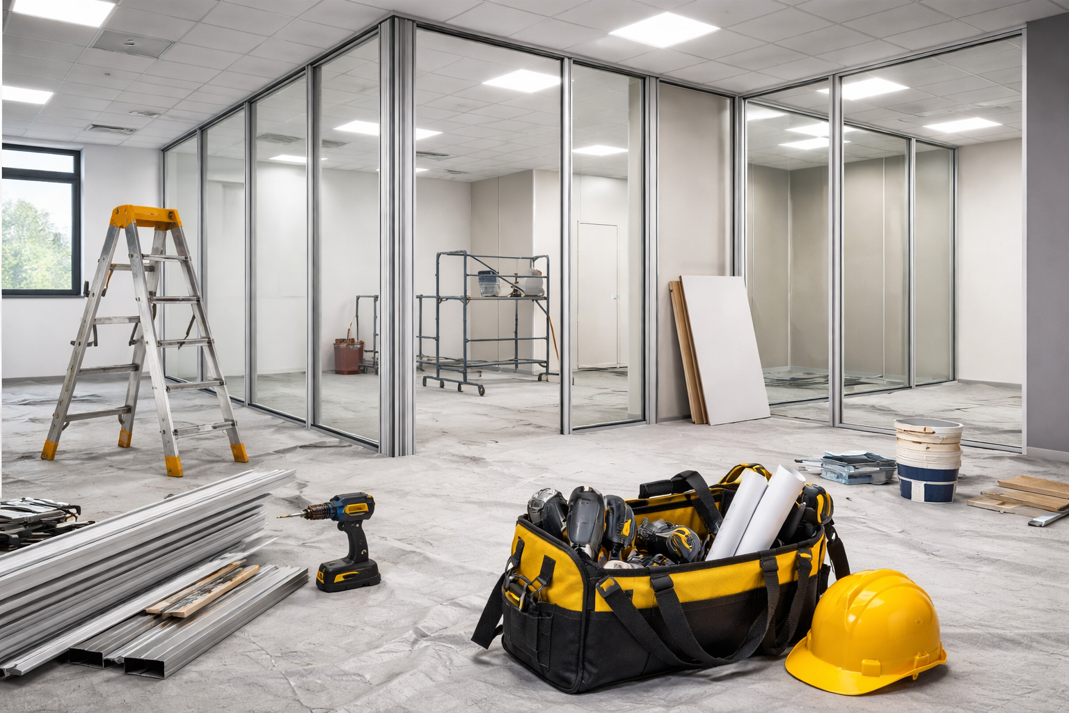 Des outils de construction, une échelle et un casque de chantier dans un espace de bureaux en rénovation.