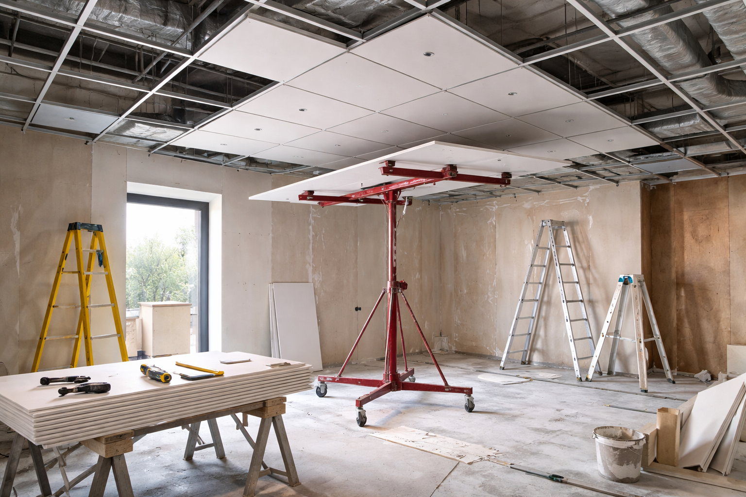 Des outils de construction, une échelle et un casque de chantier dans un espace de bureaux en rénovation.