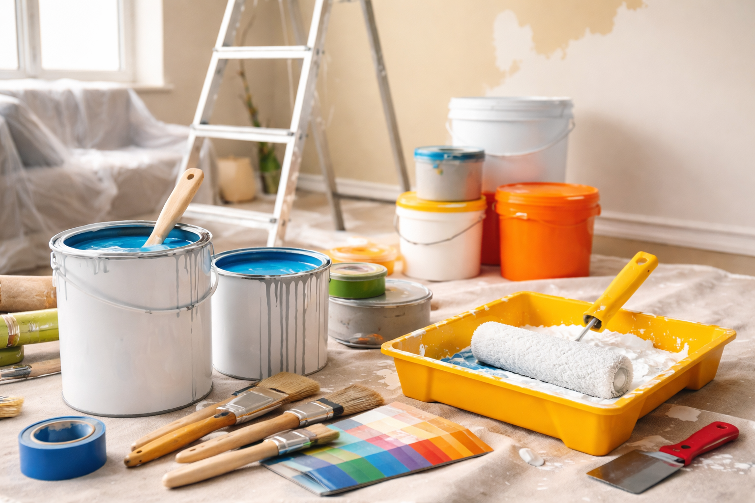 Des pots de peinture, des pinceaux, un bac à peinture et une échelle installés sur une bâche dans une pièce en rénovation.