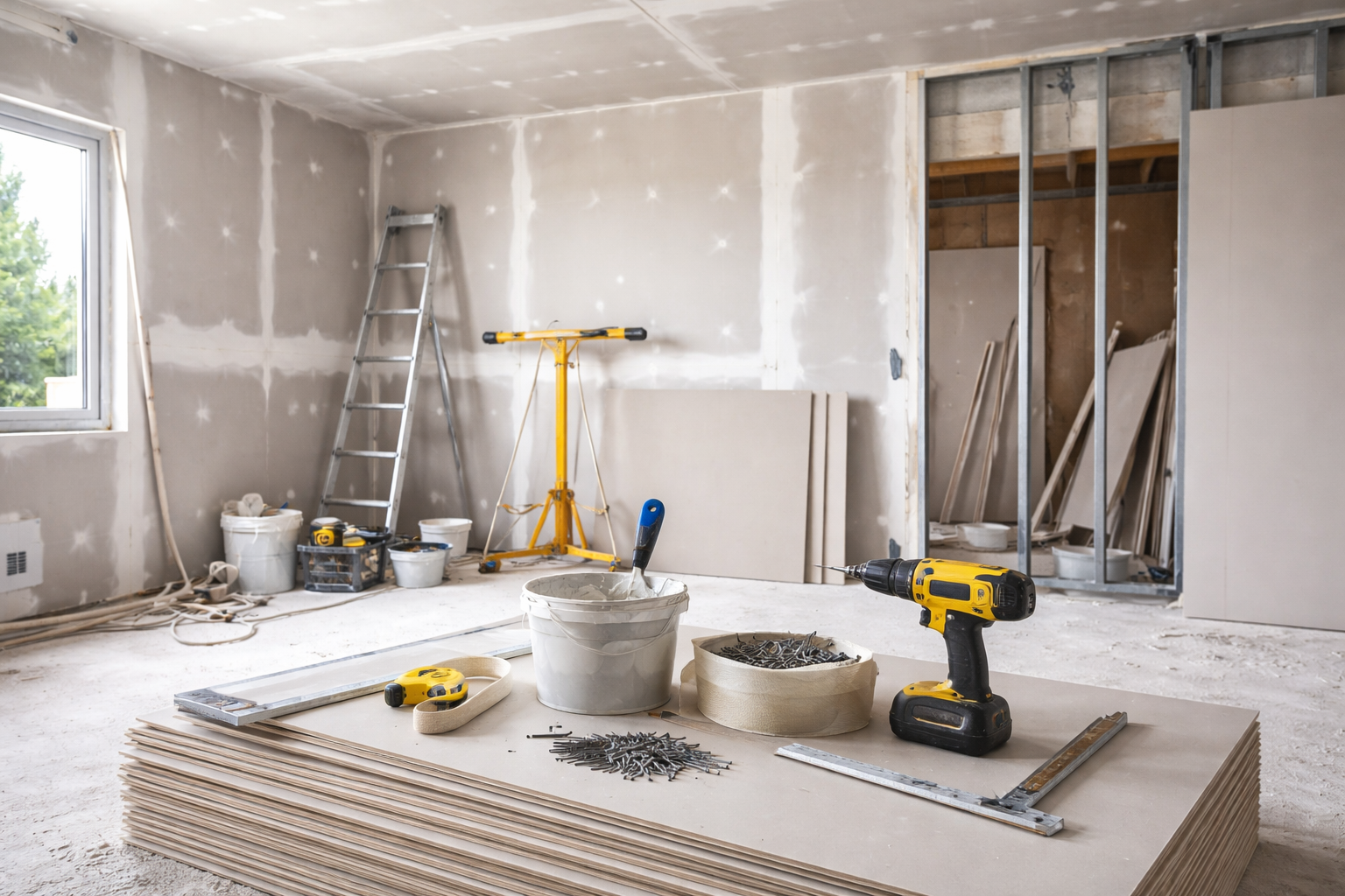 Des outils de construction, une échelle et un casque de chantier dans un espace de bureaux en rénovation.