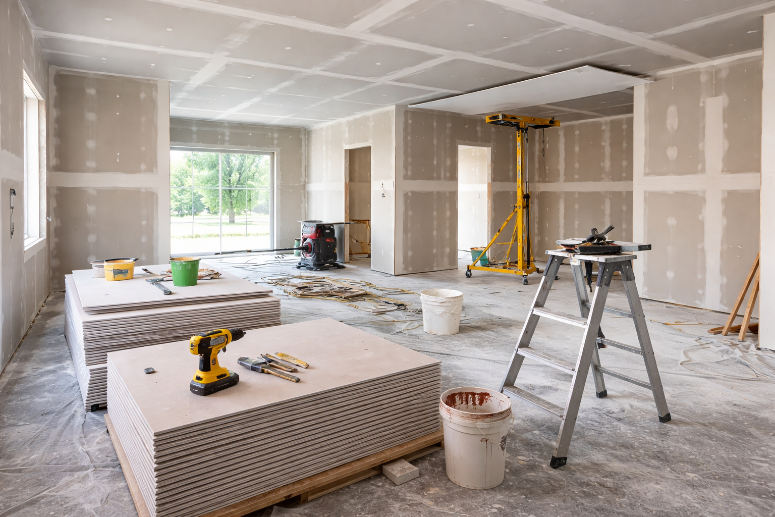 Des outils de construction, une échelle et un casque de chantier dans un espace de bureaux en rénovation.
