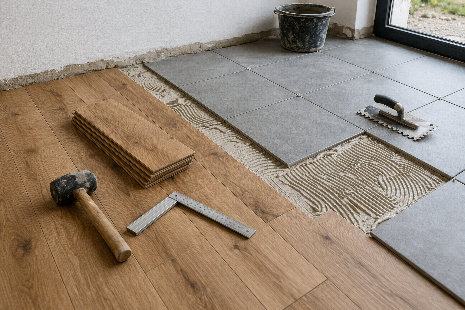 Une pièce en rénovation, avec à gauche un parquet imitation bois et à droite des carreaux gris posés au mortier.