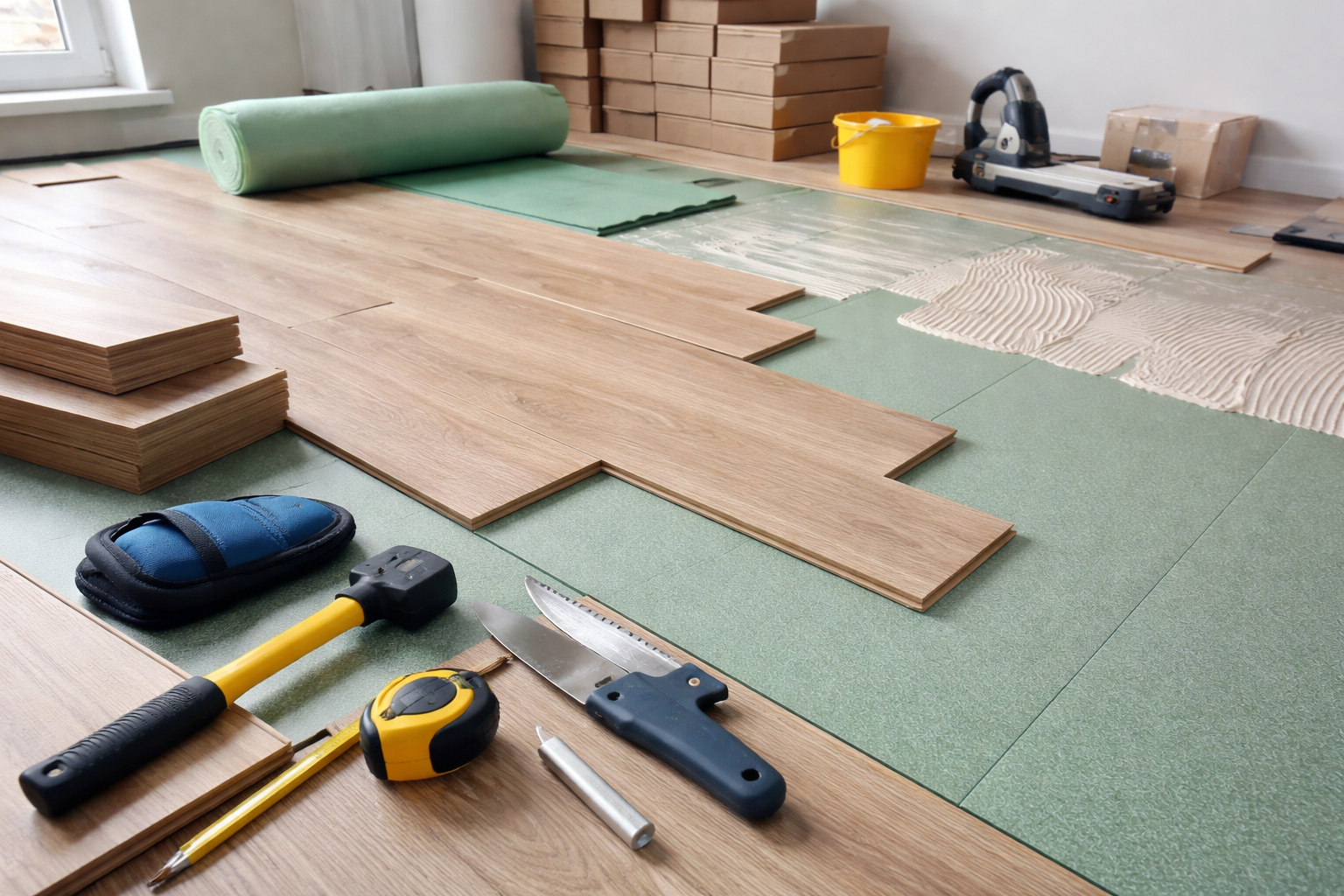 Lames de parquet stratifié, sous-couche verte et divers outils à main disposés sur un sol lors de la rénovation d'une maison.