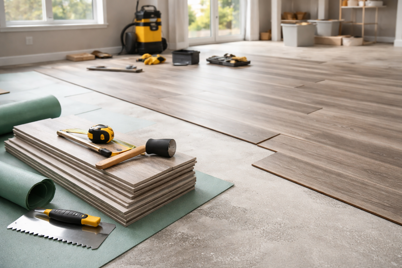 Des outils de construction, une échelle et un casque de chantier dans un espace de bureaux en rénovation.