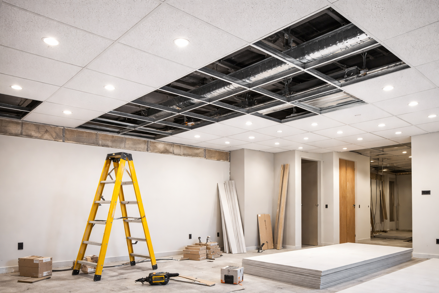 Une pièce en travaux avec un escabeau jaune, un plafond dont il manque des carreaux et un matelas posé à même le sol.