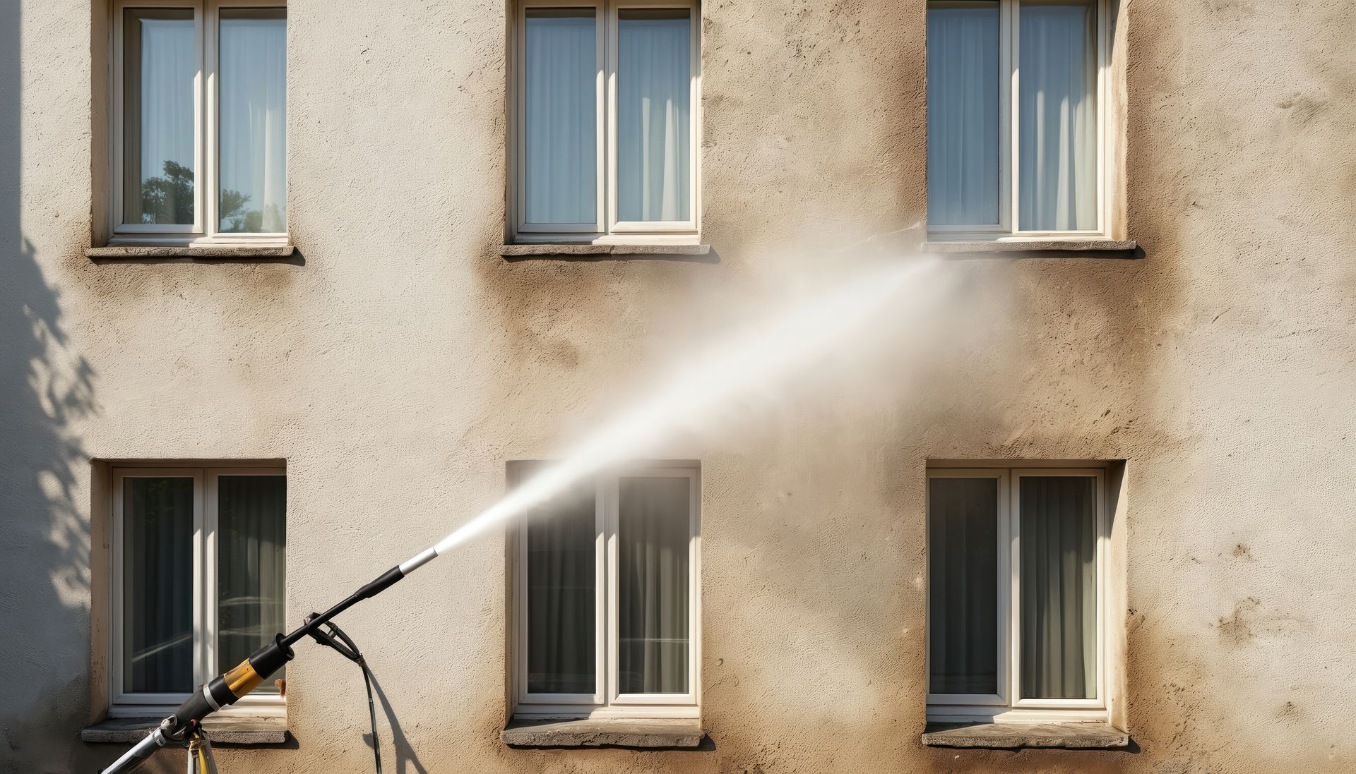 Nettoyage à haute pression de l'extérieur d'un immeuble d'appartements beige avec un puissant jet d'eau.