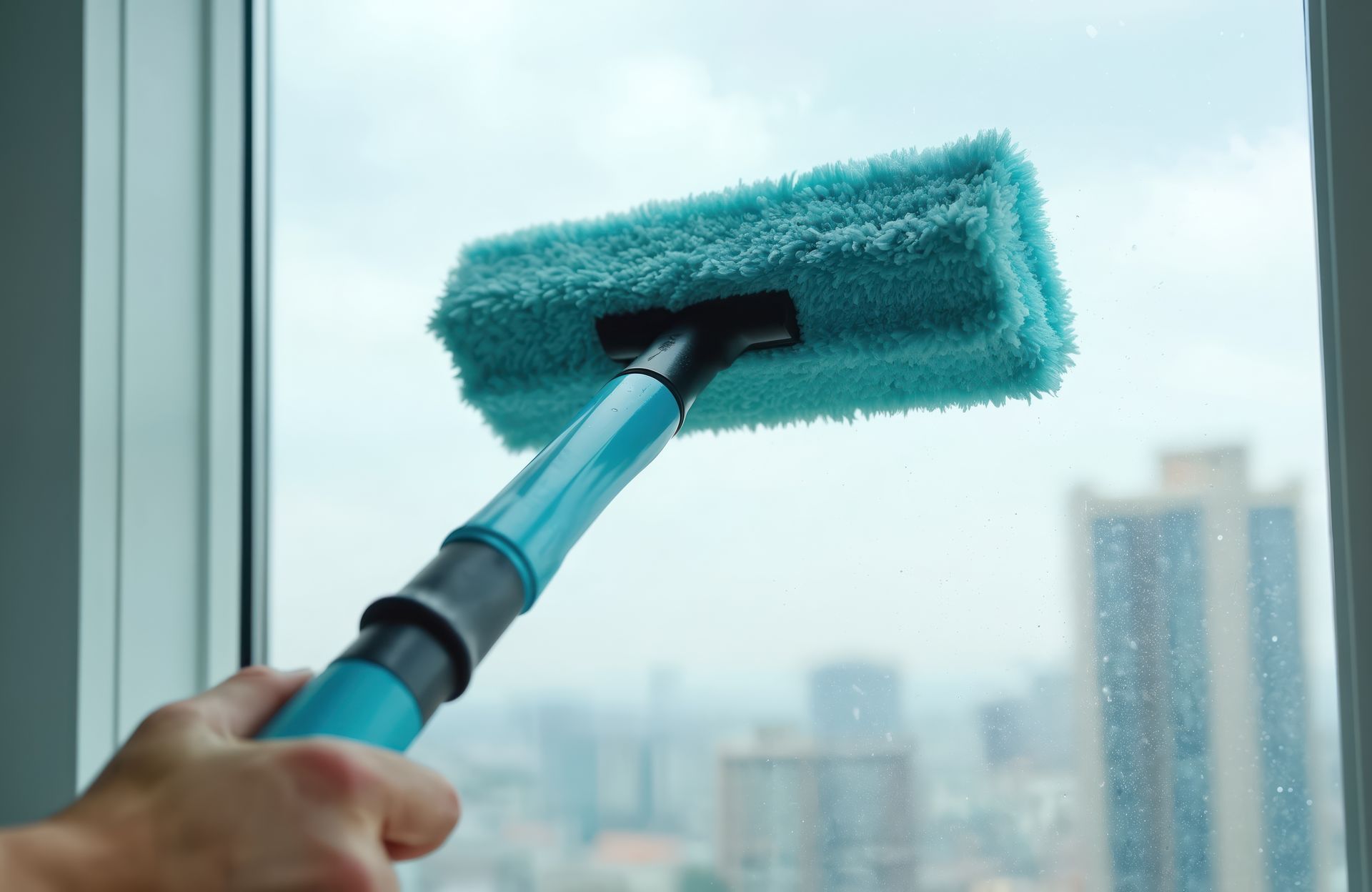 Main tenant une serpillière bleue pour nettoyer les vitres contre une grande baie vitrée donnant sur la ville.