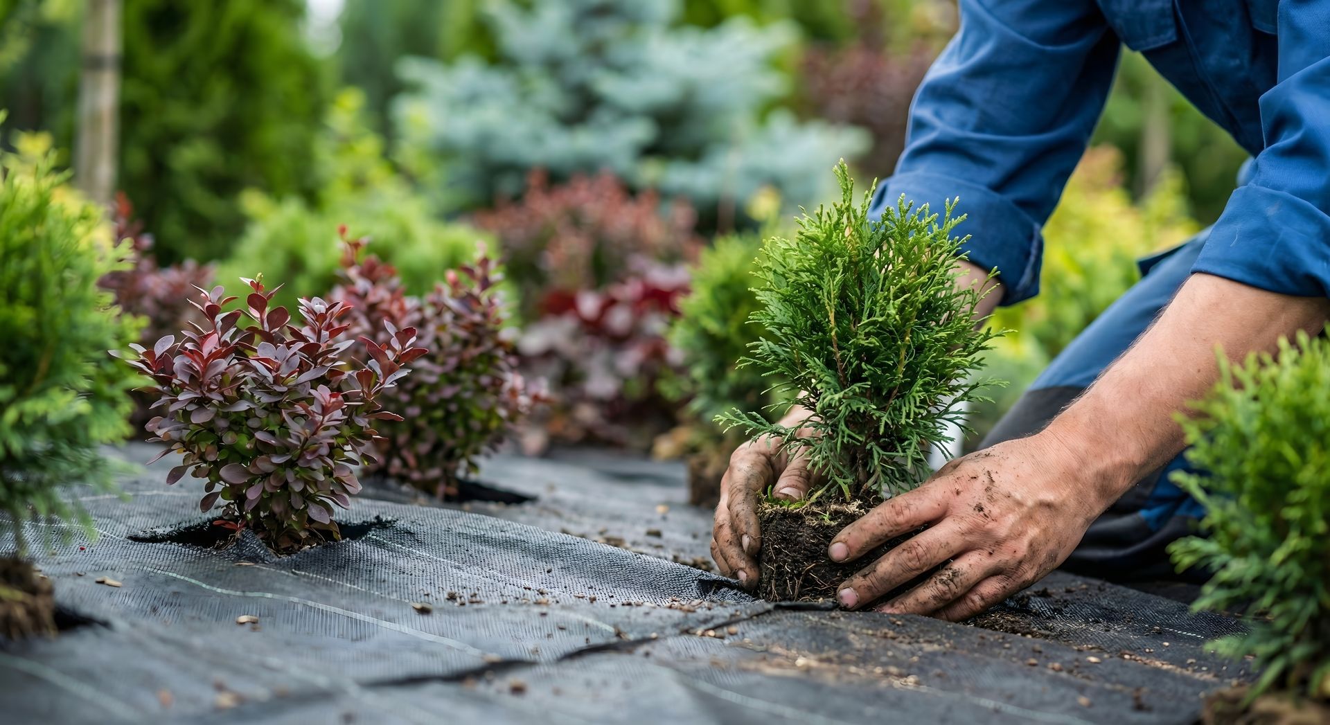 Des mains plantent un arbuste vert dans un parterre de jardin bordé de toile de paillage noire et de feuillage rouge.
