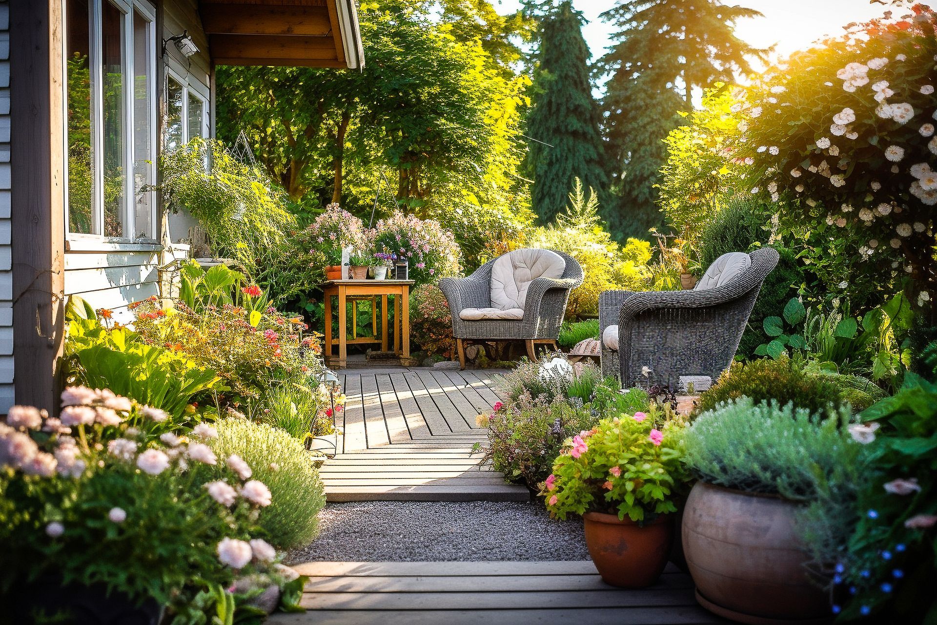 Patio de jardin luxuriant et fleuri avec chaises en osier, petite table et terrasse en bois attenante à une maison.