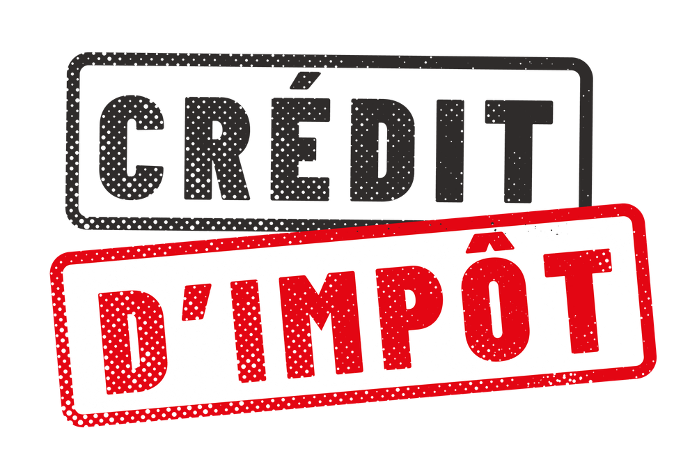 Texte français Crédit d'impôt en lettres noires et rouges de style timbre