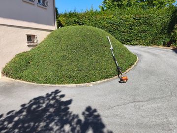 Une personne tond une pelouse verte avec une tondeuse à gazon noire à côté d'une maison.