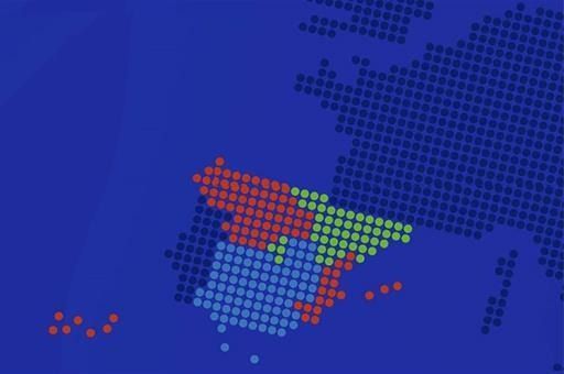 Un mapa de España hecho de puntos sobre un fondo azul.