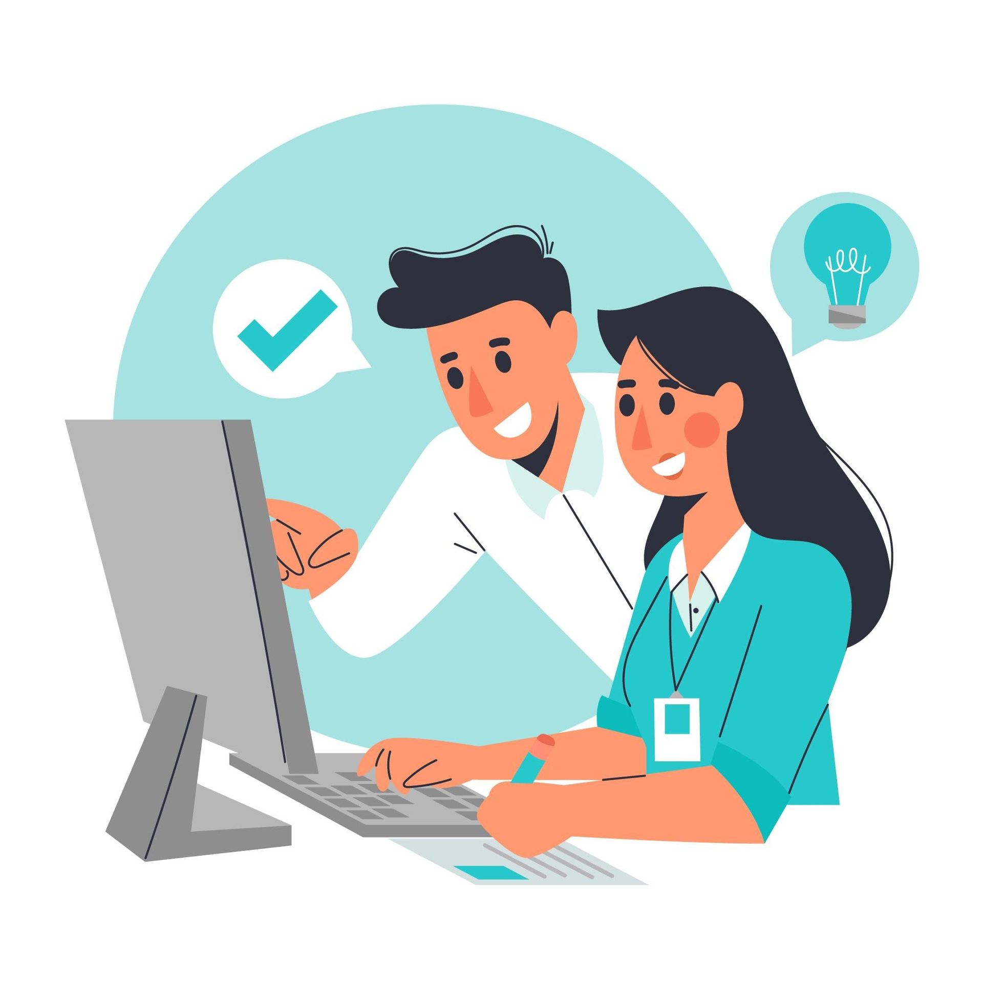 Un hombre y una mujer están mirando una pantalla de computadora.