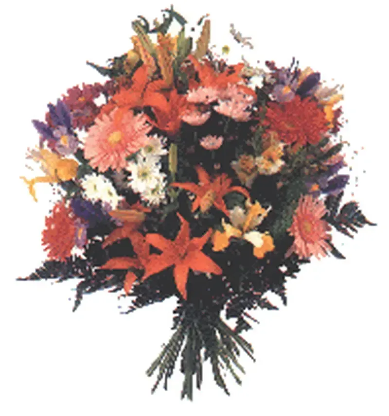 Ramo colorido de varias flores, incluidos lirios, iris y margaritas, atados entre sí por los tallos.