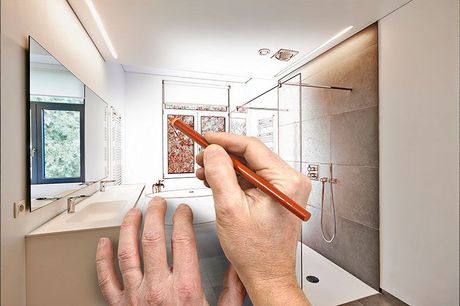 Eine Person zeichnet mit einem Bleistift ein Badezimmer.