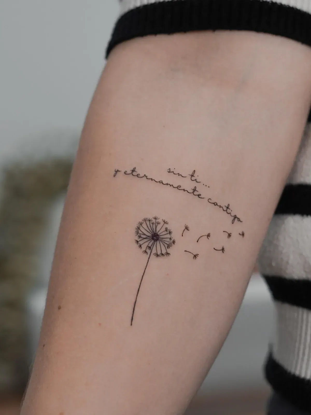 Tatuaje de un diente de león con texto en un brazo.