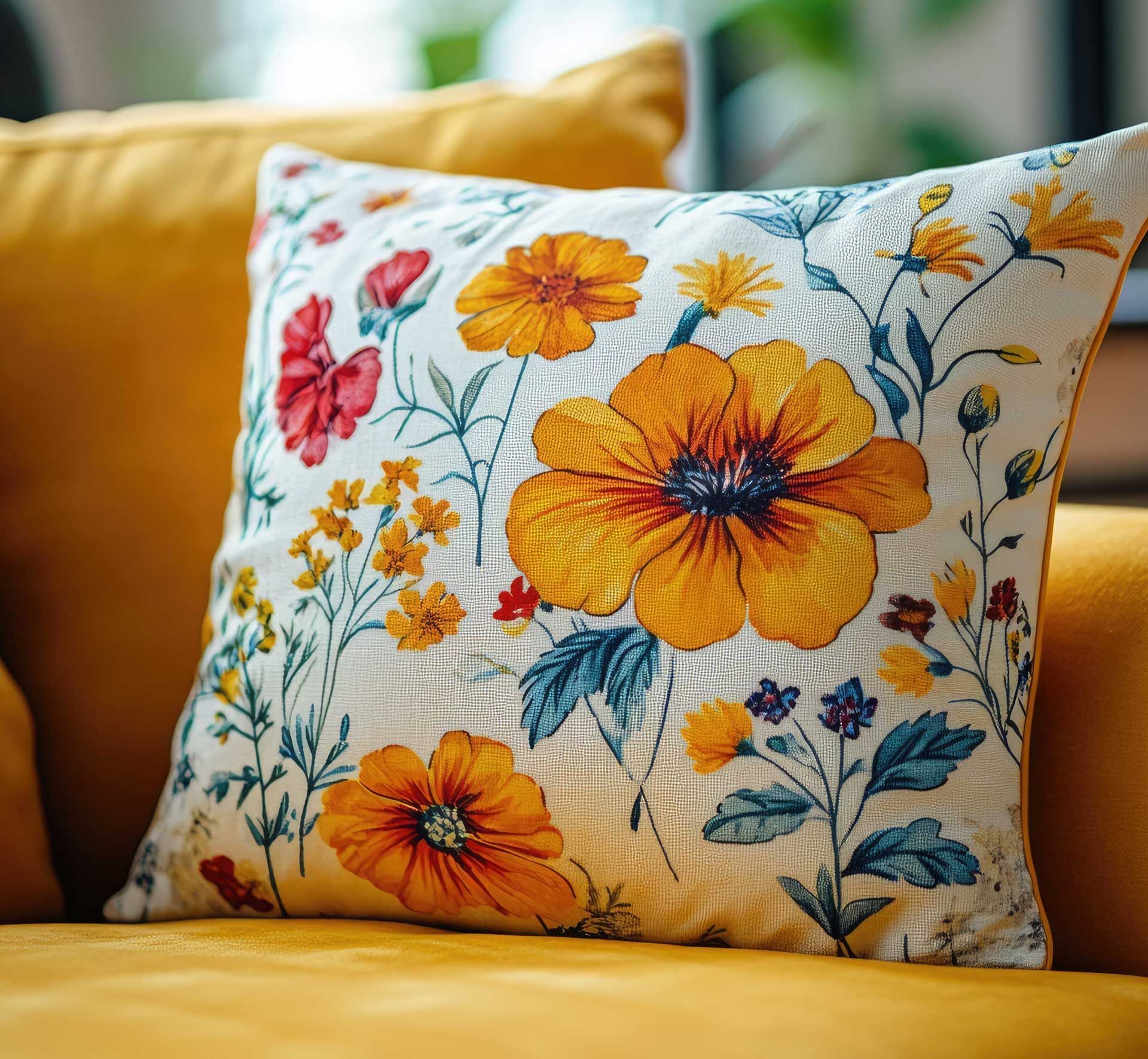 Coussin avec motif à fleur de coquelicot.