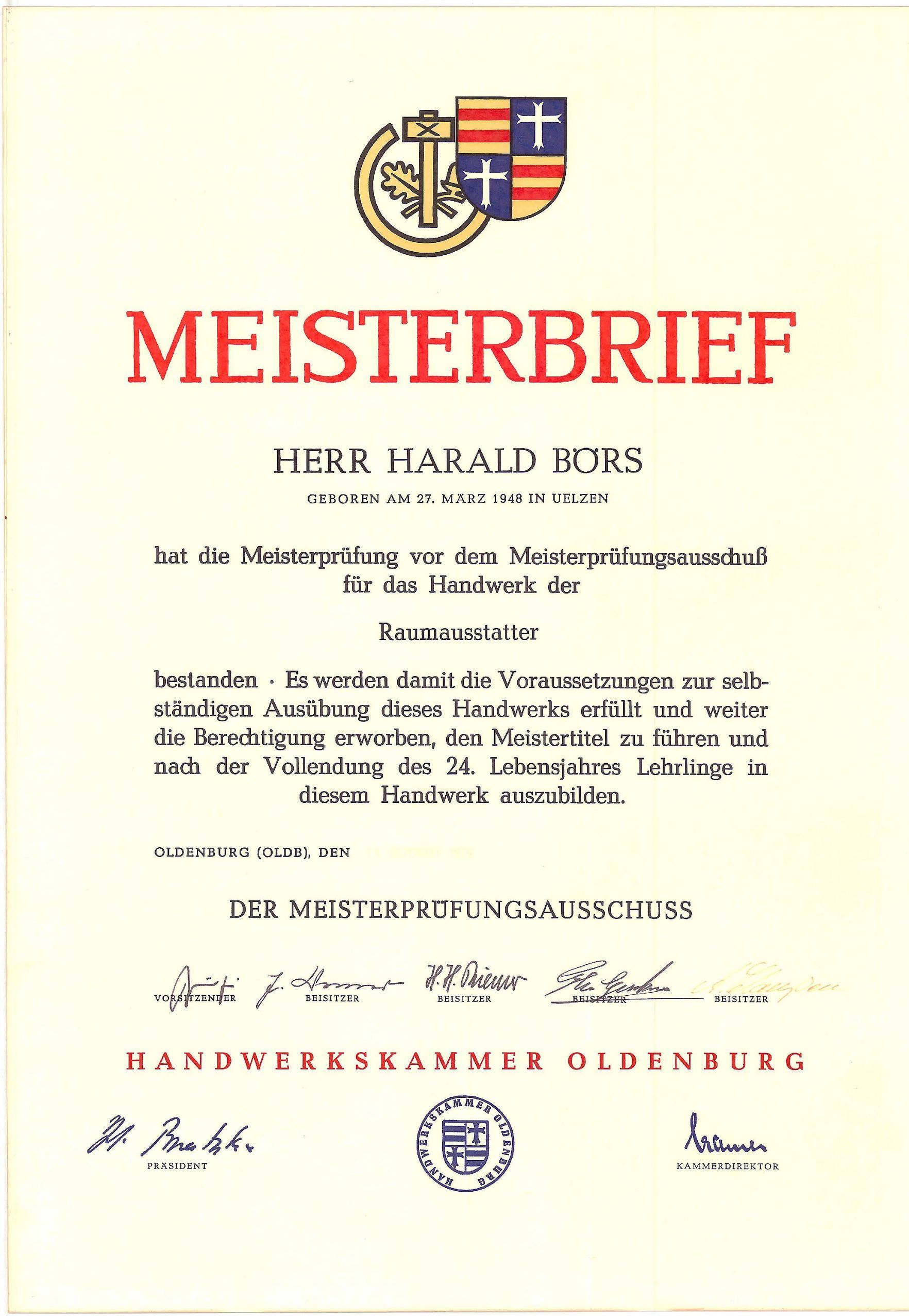 Ein Zertifikat mit der Aufschrift Meisterbrief