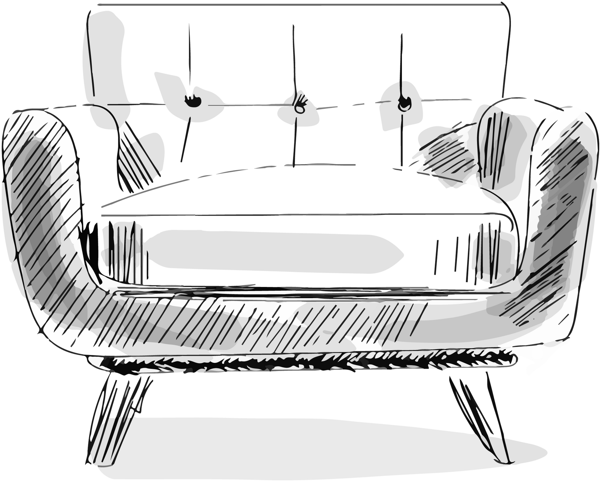 Eine Schwarzweißzeichnung eines Stuhls auf weißem Hintergrund.