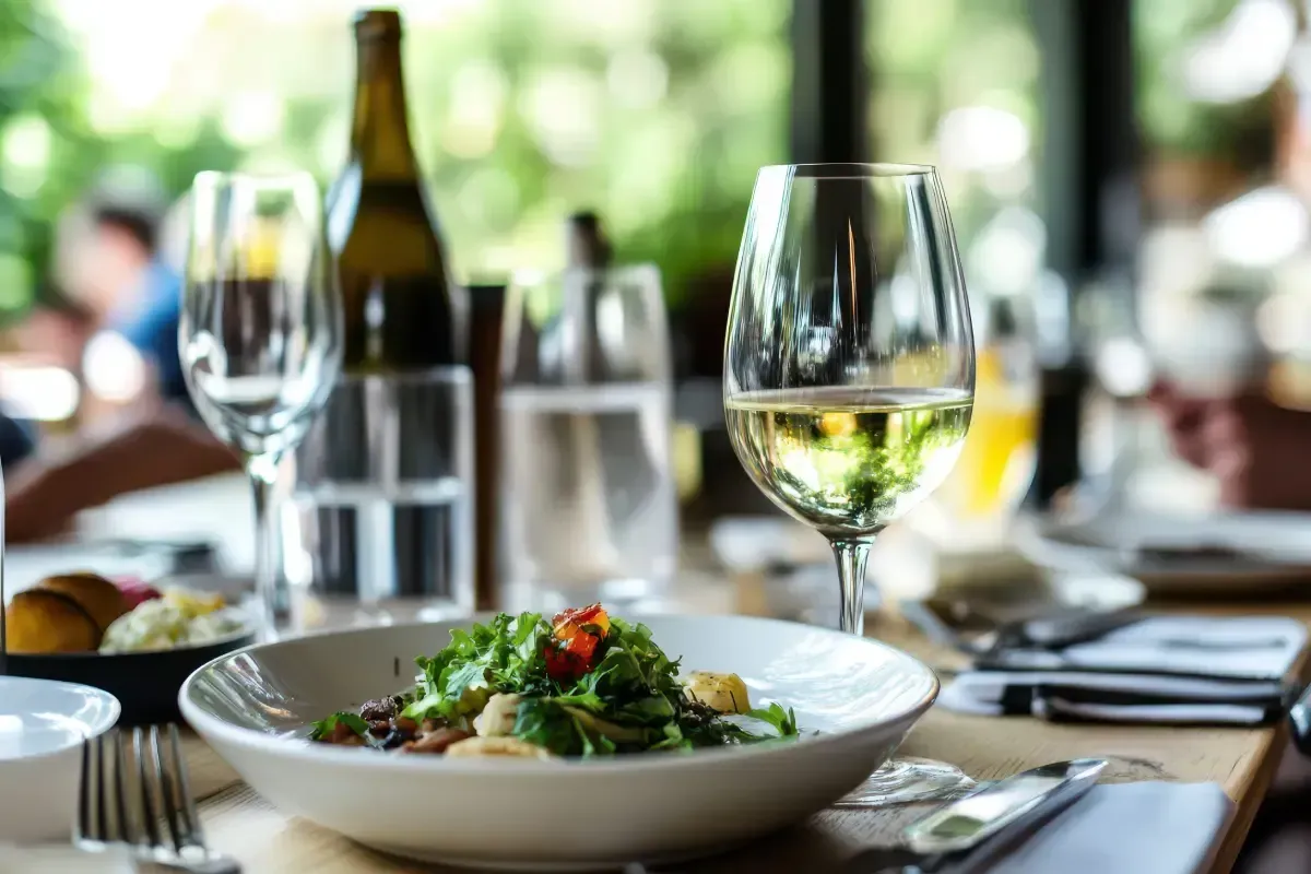 Una ensalada en un bol blanco y una copa de vino blanco sobre una mesa puesta para cenar en un restaurante.