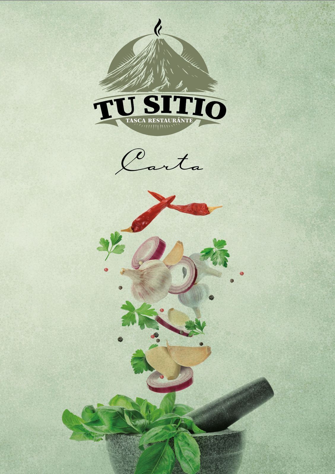 Logotipo con hierbas, ajo y un mortero y majadero debajo del texto “TU SITIO Cocina”.